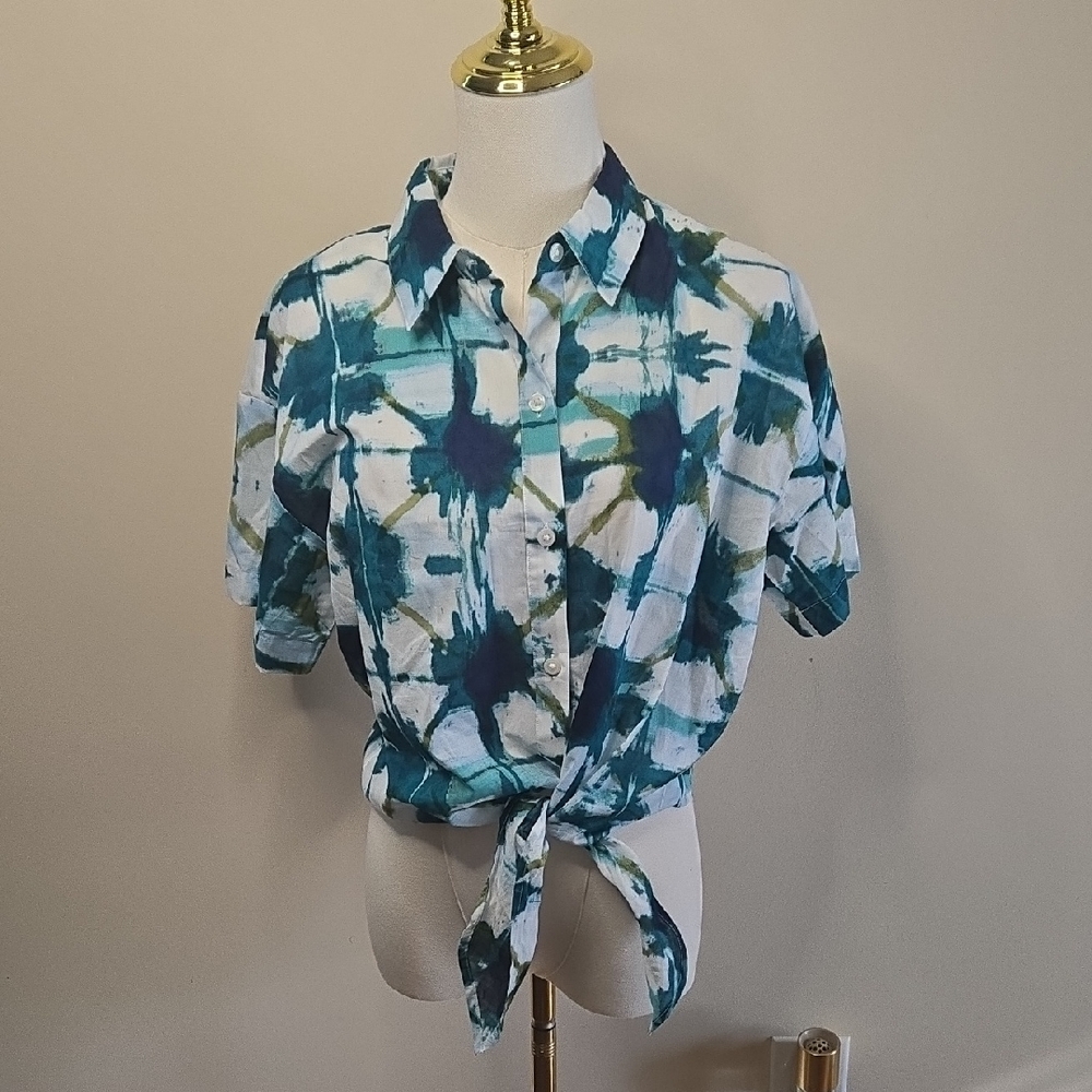 Banana Republic Tie Dye Button Down Front Tie Cotton Shirt Casual Boho M